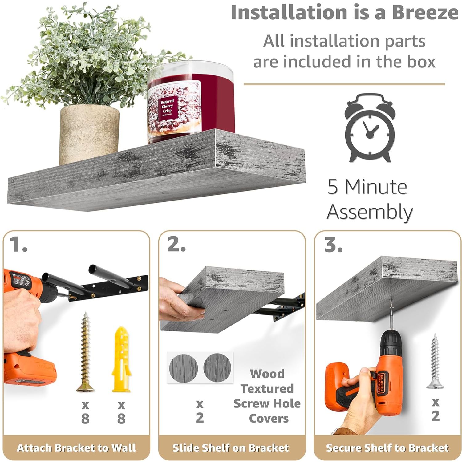 Installation steps icons showing attaching bracket to wall, sliding shelf on bracket, securing shelf