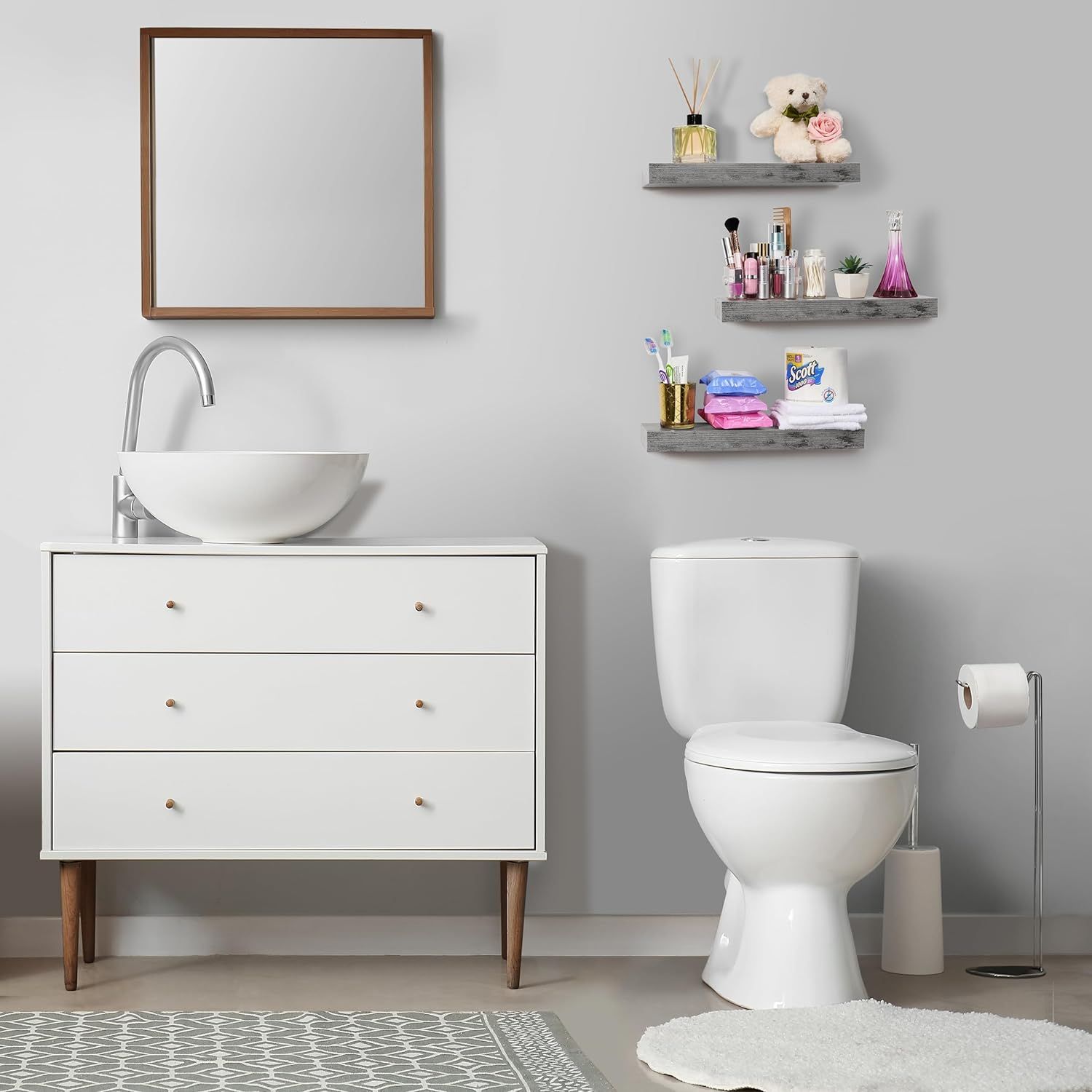 Laundry/bathroom setup with floating shelves holding toiletries