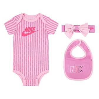 Newborn Baby Girls Nike Bodysuit Headband and Bib 3 pc Set