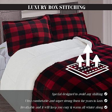 Elegant Comfort 3-pc Buffalo Micro-suede Reversible Micromink Sherpa Plaid Pattern Comforter Set