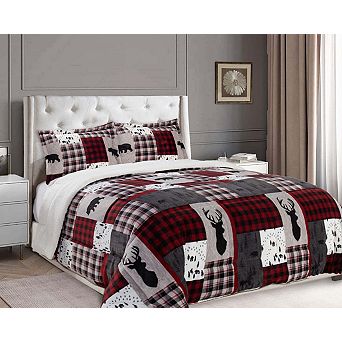 Elegant Comfort 3 pc Buffalo Micro-suede Reversible Micromink Sherpa Plaid Pattern Comforter Set