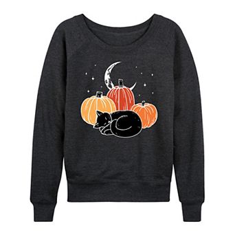 Women's Black Cat Pumpkin Nap French Terry Long Sleeve Tee