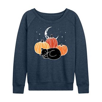Women's Black Cat Pumpkin Nap French Terry Long Sleeve Tee