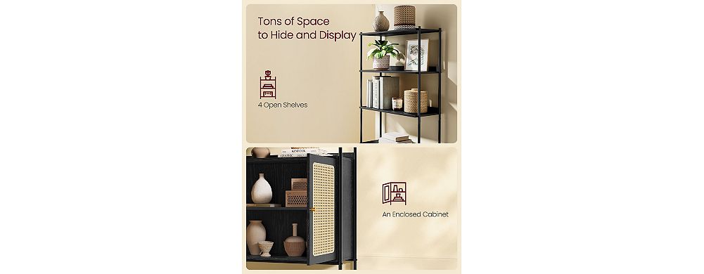 Shelving unit with four open shelves and enclosed cabinet shown in beige panel