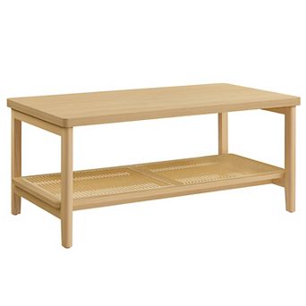 2 tier Coffee Table For Living Room, Rectangular Center Table, With Pvc Rattan Storage Shelf