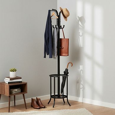 Freestanding Coat Rack with 12 Hooks and Umbrella Holder for Entryway Organization