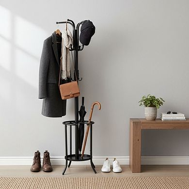 Freestanding Coat Rack with 12 Hooks and Umbrella Holder for Entryway Organization