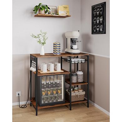 Baker's Rack With Charging Station Rustic Brown and Ink Black