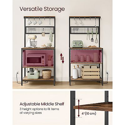 Bakers Rack With Charging Station Rustic Brown and Ink Black