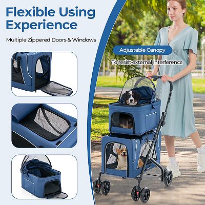 Double Pet Stroller Foldable 3 in 1 Dog Stroller With 2 Detachable Carriers