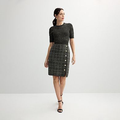 Women's London Times Elbow Sleeve Button Front Sheath Sweater Dress