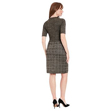 Women's London Times Elbow Sleeve Button Front Sheath Sweater Dress
