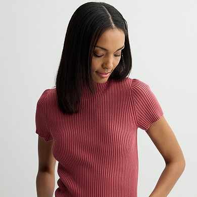Petite Nine West Ribbed Mockneck Short Sleeve Top