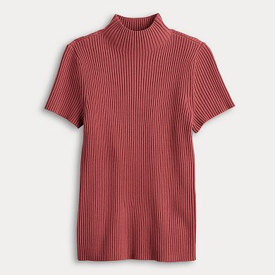 Petite Nine West Ribbed Mockneck Short Sleeve Top