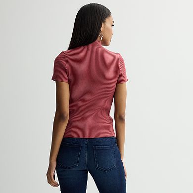 Petite Nine West Ribbed Mockneck Short Sleeve Top