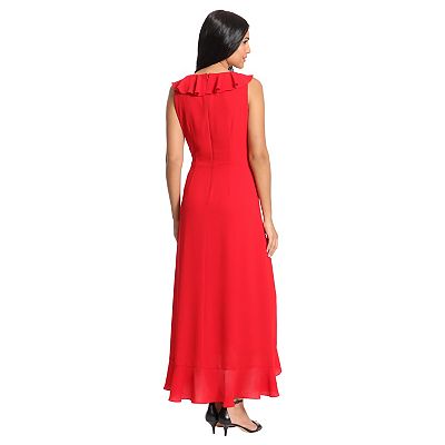 London Times Women's Faux Wrap Midi Dress - Sleeveless Ruffle Detail