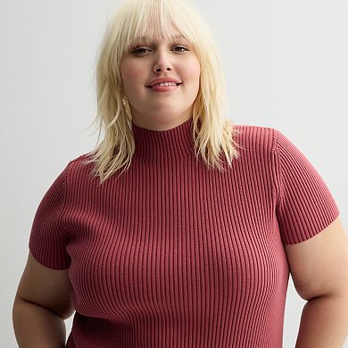 Plus Size Nine West Ribbed Mockneck Short Sleeve Top
