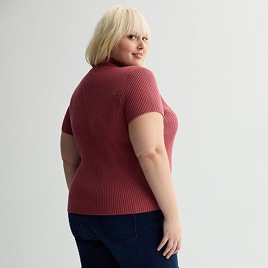 Plus Size Nine West Ribbed Mockneck Short Sleeve Top