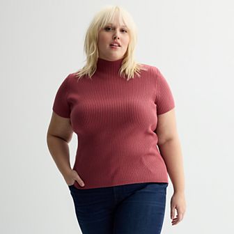 Plus Size Nine West Ribbed Mockneck Short Sleeve Top
