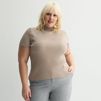Plus Size Nine West Ribbed Mockneck Short Sleeve Top