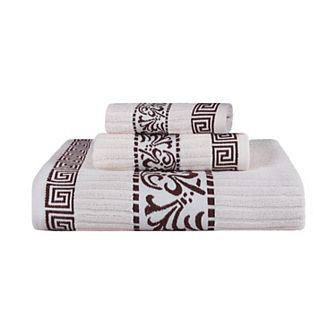 SUPERIOR 3 pc Athens Cotton With Greek Scroll & Floral Pattern Towel Set