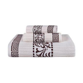 SUPERIOR 3 pc Athens Cotton With Greek Scroll & Floral Pattern Towel Set