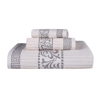 SUPERIOR 3 pc Athens Cotton With Greek Scroll & Floral Pattern Towel Set