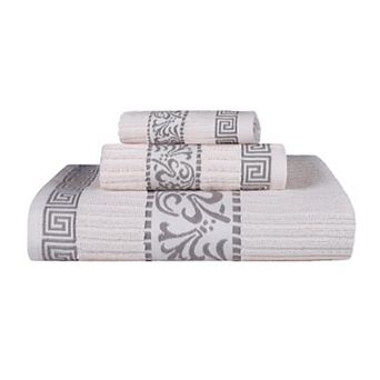 SUPERIOR 3 pc Athens Cotton With Greek Scroll & Floral Pattern Towel Set