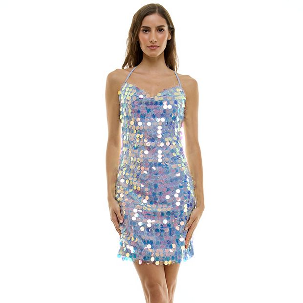 Juniors' Invite Strappy Fitted Cowlneck Criss-Cross Back Detail Mini Dress