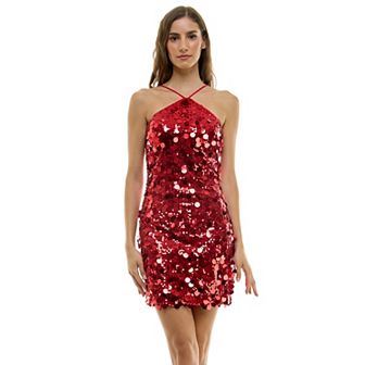 Juniors' Invitée Halter Neck Sequin Dress