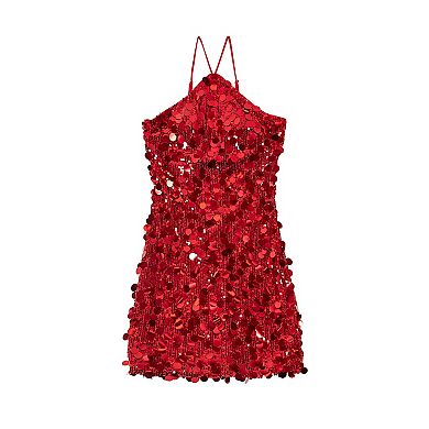 Juniors' Invitée Halter Neck Sequin Dress