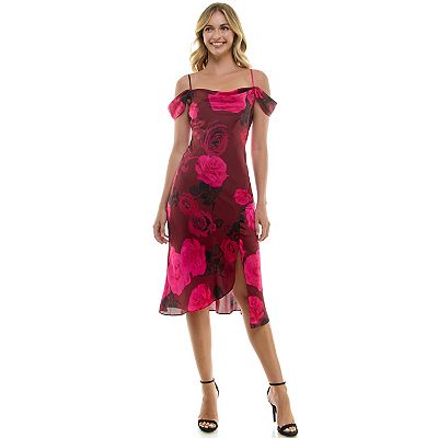 knee length dresses for ladies Pleated Cold Shoulder Midi Dress