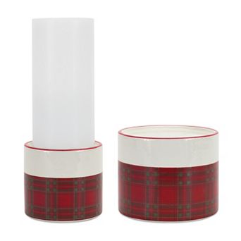 Melrose Plaid Ceramic Candle Holder Table Decor 2 pc Set