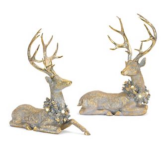 Melrose Deer Figurine with Lighted Wreath Table Decor 2 pc Set