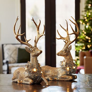 Melrose Deer Figurine with Lighted Wreath Table Decor 2 pc Set