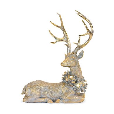 Melrose Deer Figurine with Lighted Wreath Table Decor 2 pc Set