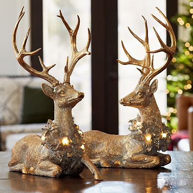 Melrose Deer Figurine with Lighted Wreath Table Decor 2 pc Set