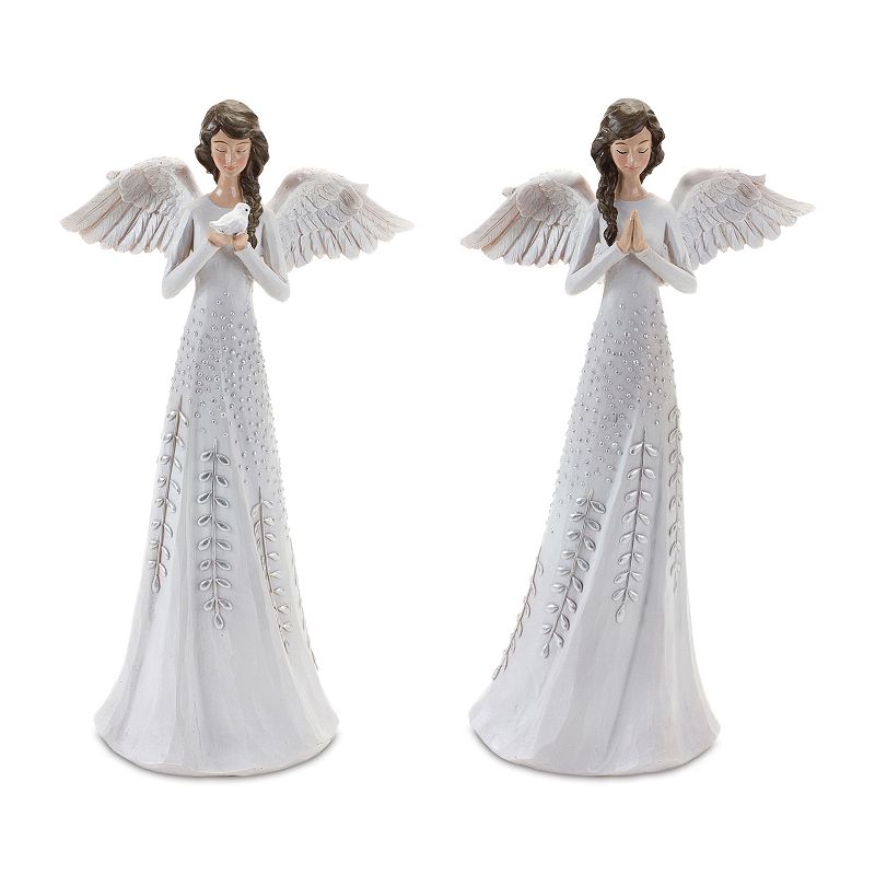 Melrose Silver-Tone Floral Angel Figurine Table Decor 2-Piece Set, White