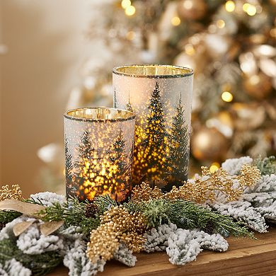 Melrose Frosted Pine Glass Candle Holder Table Decor 2 pc Set