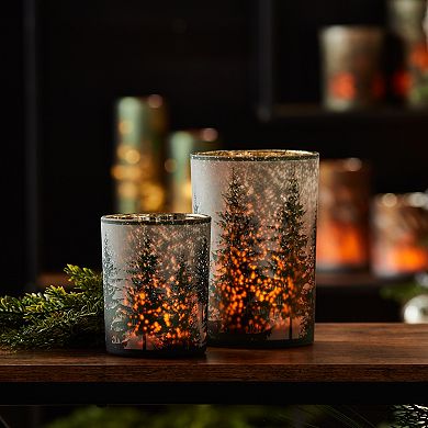 Melrose Frosted Pine Glass Candle Holder Table Decor 2 pc Set