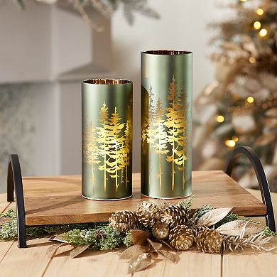 Melrose Frosted Pine Glass Candle Holder Table Decor 2 pc Set