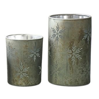 Melrose Snowflake Glass Distressed Candle Holder Table Decor 2 pc Set