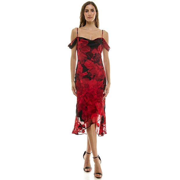 Juniors' Invite Cold Shoulder Asymmetrical Slit Midi Dress