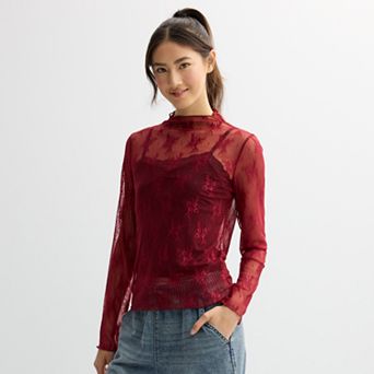 Juniors' Liberty Love Lace Long Sleeve Top