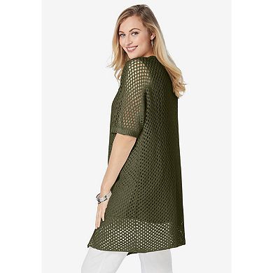 Jessica London Women's Plus Size Crochet Long Cardigan