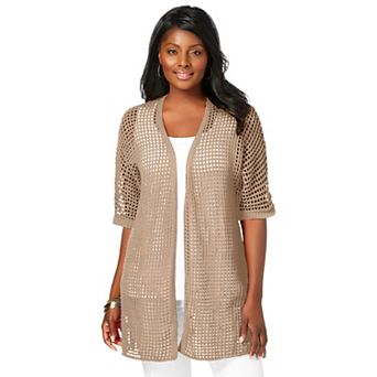 Jessica London Women's Plus Size Crochet Long Cardigan