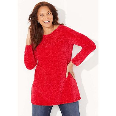 Catherines Women's Plus Size Chenille Cable-Knit Boatneck Sweater