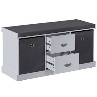 White Shoe Storage Bench with Wooden Frame, 2 Drawers, Foldable Baskets, & Comfortable Gray Cushion