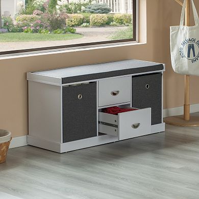 White Shoe Storage Bench with Wooden Frame, 2 Drawers, Foldable Baskets, & Comfortable Gray Cushion