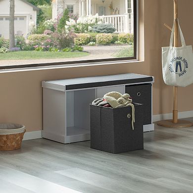 White Shoe Storage Bench with Wooden Frame, 2 Drawers, Foldable Baskets, & Comfortable Gray Cushion